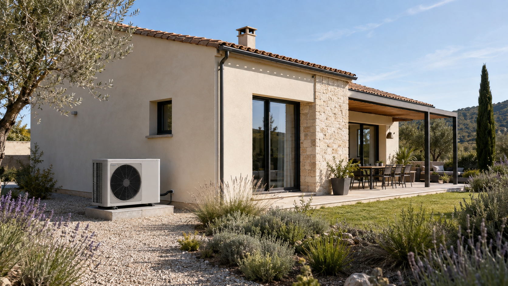 Maison française contemporaine équipée d'une pompe à chaleur extérieure