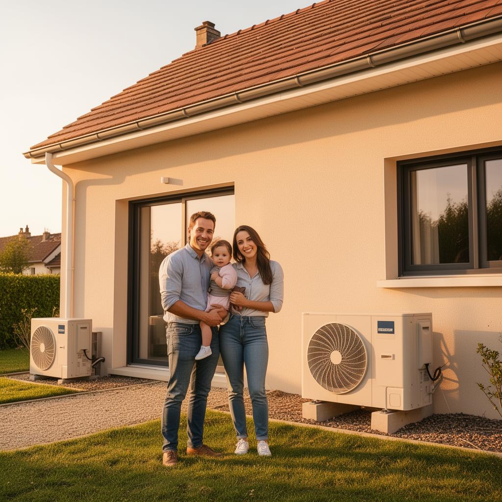 Famille heureuse devant leur maison avec pompe à chaleur
